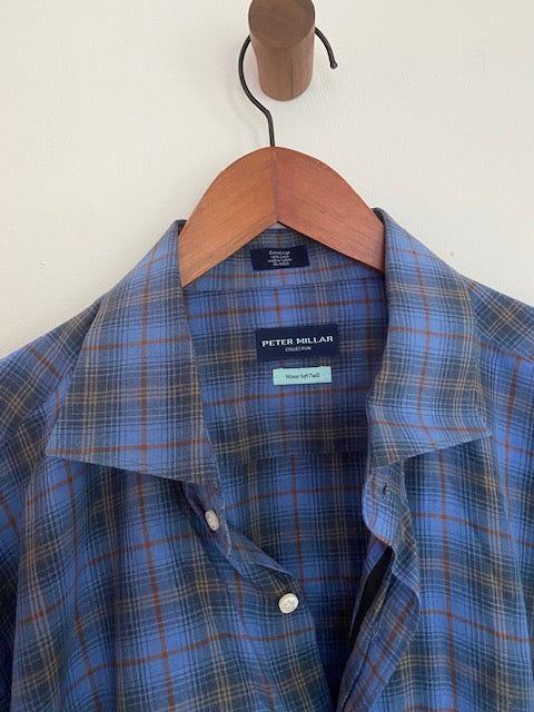 Pre-Owned Peter Millar Winter Soft Cotton Twill Blue Plaid Button Down Shirt