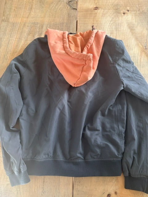NEWNORM Upcycled Hooded Bomber Jacket with Orange Knit Hood