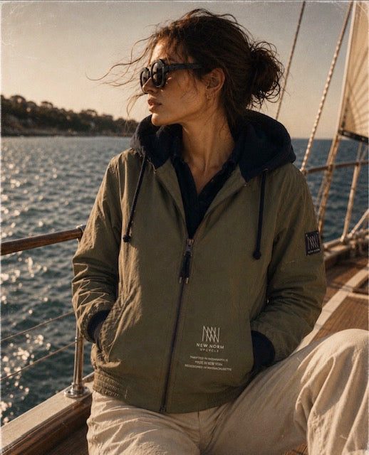 Newnorm Upcycled Olive Bomber Jacket with Navy Knit Hood