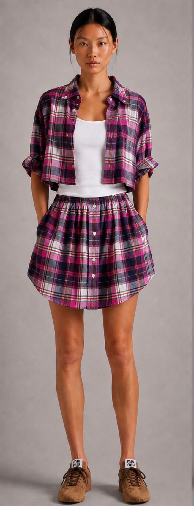 Newnorm Upcycled Pink Madras Plaid Shirt & Skirt Set – Size S/M