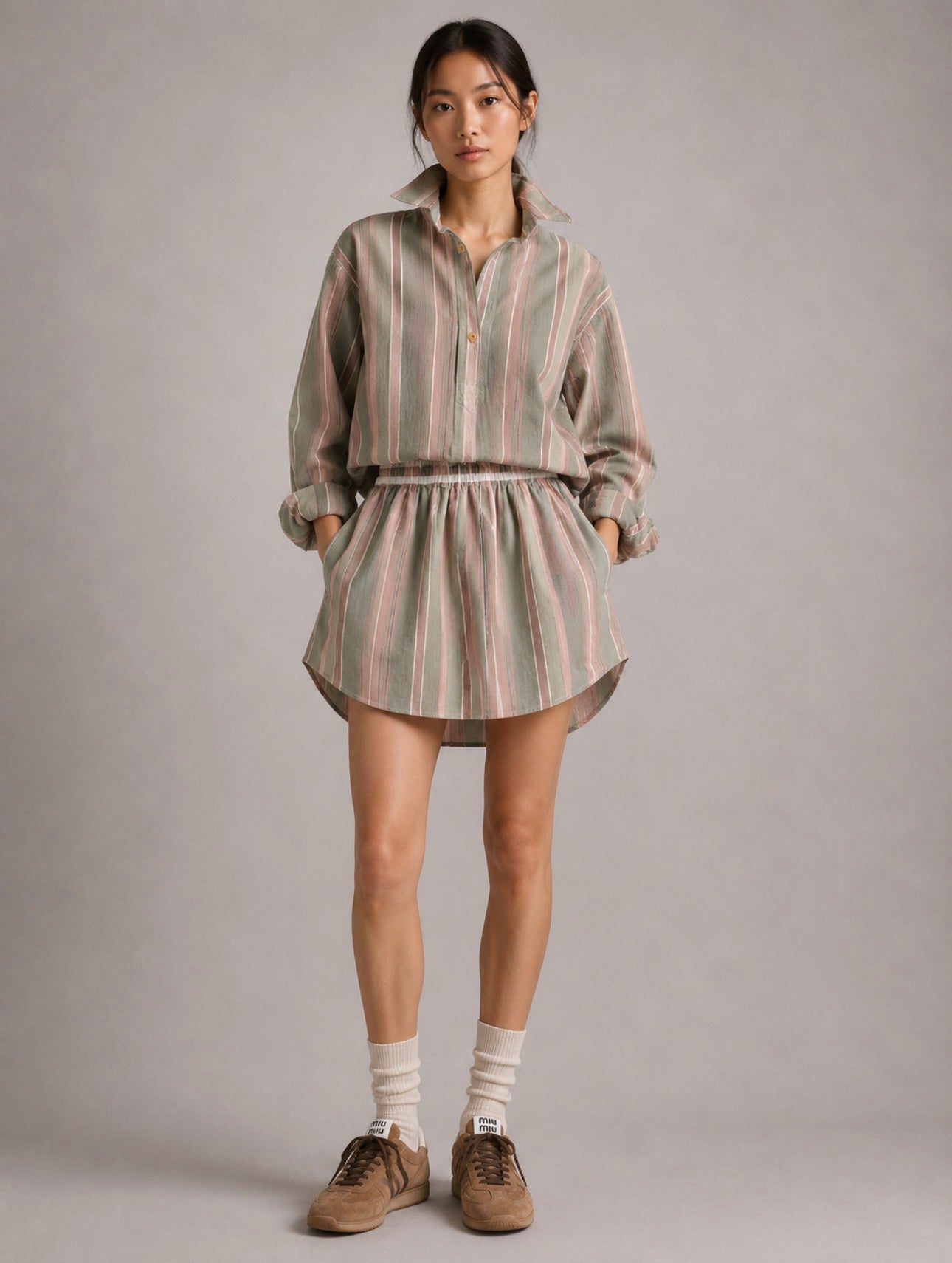Newnorm Upcycled Green & Pink Stripe Pullover Shirt & Skirt Set – Size S/M