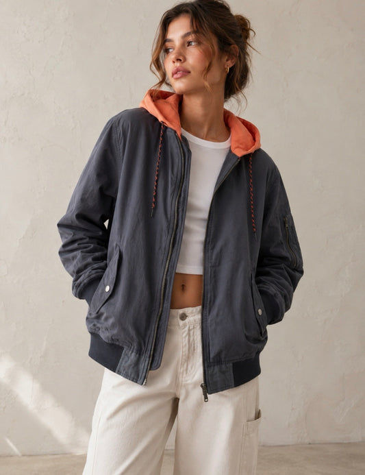 NEWNORM Upcycled Hooded Bomber Jacket with Orange Knit Hood