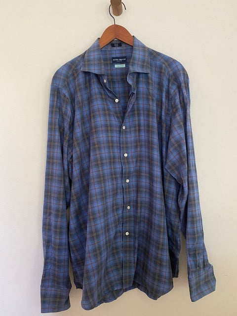 Pre-Owned Peter Millar Winter Soft Cotton Twill Blue Plaid Button Down Shirt