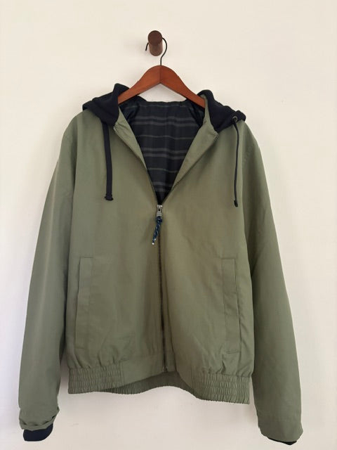 Newnorm Upcycled Olive Bomber Jacket with Navy Knit Hood