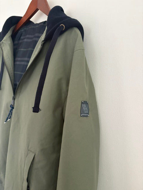 Newnorm Upcycled Olive Bomber Jacket with Navy Knit Hood