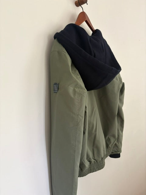 Newnorm Upcycled Olive Bomber Jacket with Navy Knit Hood