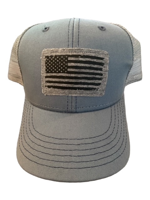 Red White & Blue Grey Trucker hat With American Flag Patch